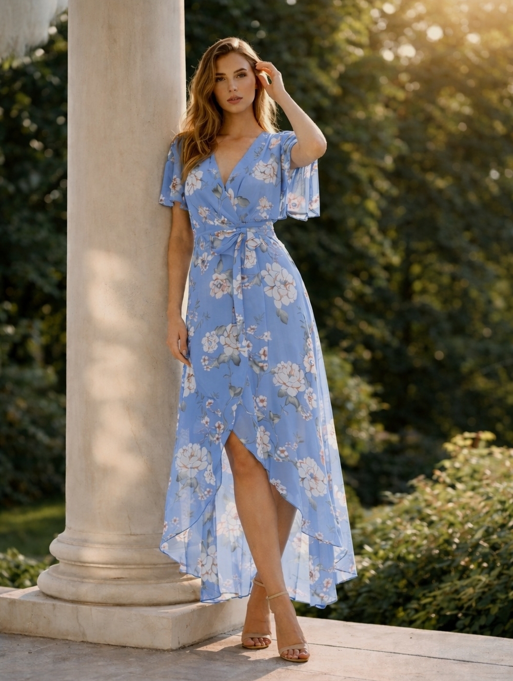 JESSICA HOWARD Maxi Dress Blue Floral Flutter Sleeve Asymmetrical Hem 8